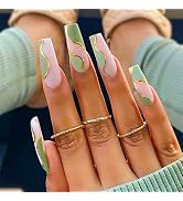 YOSOMK French Tip Long Press on Nails Matte Green with Designs Glitter False Fake Nails Acrylic N...