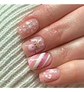 Christmas Press on Nails Short Square MABKJLF Pink Fake Nails Cute False Nails with Designs Snowf...