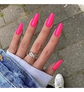 Hot Pink Press on Nails Medium Almond Fake Nails Pink False Nails with Design Glossy Full Cover A...