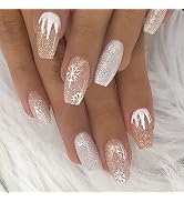 Christmas Press on Nails Short Coffin Fake Nails Snowflake Flame Full Cover Stick on Nails Winter...