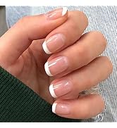 LPOODDNU White French Tip Press on Nails Short Square Fake Nails Glossy Pink Nails Full Cover Glu...