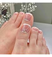 YOSOMK French Tips Press on Toenails White Square Toe Nails Tips Rhinestone Full Cover Glue on To...