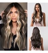 Dark Brown With Blonde Highlight Wigs for Women Natural Long Wave Heat Resistant Fiber Synthetic ...