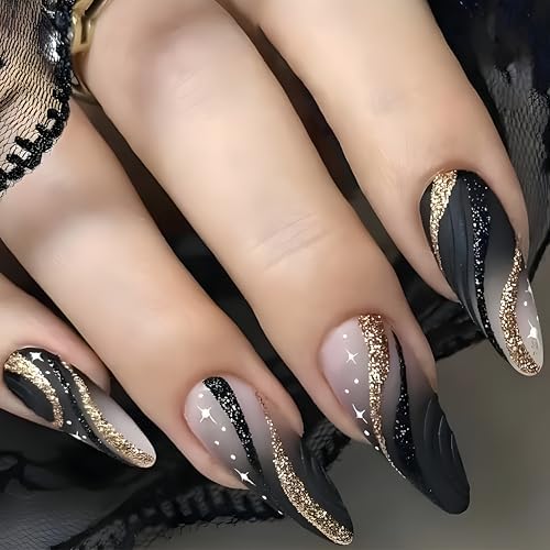 24pcs Black Gold Wire Almond Press Nails Medium Length Gold Foil Glitter Full Cover False Nail Designs for Women Girls Acrylic Nail Art Decoration