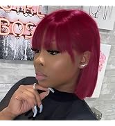 YMSGIRL Burgundy Bob Wig With Bangs 99J Short Straight Bob Wig None Lace Front Wigs Human Hair Bo...