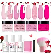 Honey Joy Dip Powder Nail Kit Starter, 4 Colors Hot Pink Glitter Fine Dipping Powder Liquid Set w...