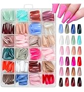 576 Pcs Press on Nails Medium Coffin Fake Nails Solid Color False Nails 24 Color Coffin Acrylic N...