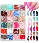 576 Pcs Press on Nails Medium Coffin Fake Nails Solid Color False Nails 24 Color Coffin Acrylic N...