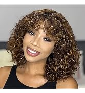 IMAYLI Curly Bob Wig with Bangs 12inch Short Curly Wigs for Black Women Human Hair 180% Density G...