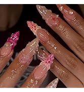Summer Press on Nails Medium Almond Fake Nails French Tip False Nails with Designs 3D Shell Butte...