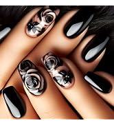 Rose Flower Press on Nails for DIY Manicure 24Pcs Glossy Black Rose Acrylic Medium Coffin False N...