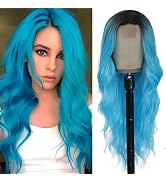 Long Blue Wig for Women 26Inch Wavy Curly Ombre Blue Hair Wigs Synthetic Hair Replacement Wig Hea...