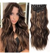 NAYOO Clip in Hair Extensions for Women 20 Inch Long Wavy Curly Dark Brown Mix Chestnut Hair Exte...