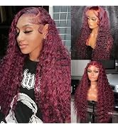 VELOMA 26 Inch Burgundy Lace Front Wigs Human Hair 13x4 Deep Wave HD Lace Front Wigs Human Hair 9...