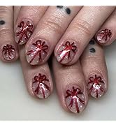 Christmas Press on Nails Short Almond MABKJLF Nude Fake Nails False Nails with Designs Red Glitte...