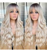 Annivia Long Wavy Wig with Bangs for Women Long Curly Wavy Wig Natural Looking Synthetic Heat Res...