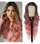 Long Pink Wig for Women 26Inch Wavy Curly Balayage Ombre Pink Wigs Synthetic Hair Replacement Wig...