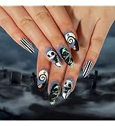 24Pcs Halloween Press on Nails Medium Almond Pumpkin Black Swirl Full Cover Fake Nails Nightmare ...