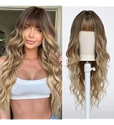 Haoland Ombre Gradient Blonde Wigs for Women Long Curly Wavy Synthetic Wig with Bangs Natural Loo...