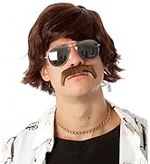 ALLAURA – Pedro Wig 60s 70s Sonny Bono Wig and Mustache Short Brown Ron Burgundy Wigs Mens Shag H...