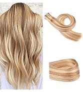Tape in Hair Extensions Human Hair, Ombre Golden Brown to Bleach Blonde Highlights Natural Weft T...