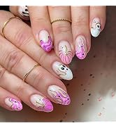 Halloween Press on Nails Short Almond Fake Nails White Ghost False Nail Full Cover Pumpkin Fake N...