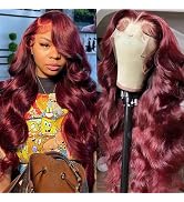 28 Inch 99j Burgundy Body Wave Lace Front Wigs Human Hair 180 Density 13x4 HD Transparent Lace Fr...