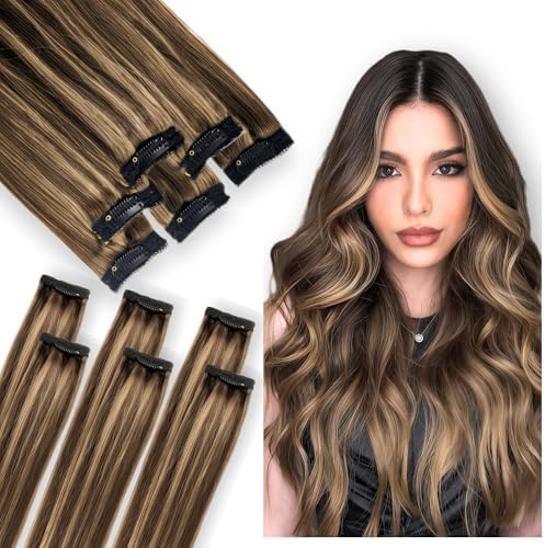 Clip In Hair Extensions Real Human Hair, Single Clip Ins Short Hair Extensions, Remy Balayage Highlight Hairpieces for Women 6 Pcs 10 Inch 31g Medium Brown Mixed Honey Blonde