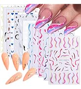 12 Sheets French Nail Art Stickers Decal,Nail Supplies 3D Self-Adhesive Colorful Wavy Line Nail S...