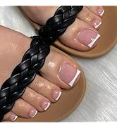 French Tips Press on Toenails White Short Square Fake Nails Nude Pink Glitter Designs False Nails...