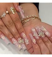 Long Press on Nails Pink Glitter Long Fake Nails Coffin Press on Nails Square False Nails with Fl...