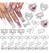 RODAKY 32PCS Bow Nail Charms 3D Silver Heart Shape Nail Art Charm with Pink Rhinestone Valentine'...