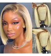 4/613 Ombre Blonde Bob Wigs Human Hair Ombre Brown Roots Blonde Bob Wig 13x4 HD Transparent Lace ...