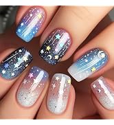 Moon Star Press on Nails Stars Sky Gel Glue on Nail 24Pcs Meteor Acrylic Medium Square Fake Nail ...