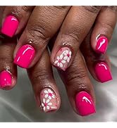 Flowers Press on Nails Short Square Fake Nails Hot Pink False Nails Glossy Full Cover Acrylic Nai...