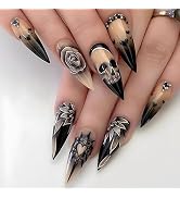 24 Pcs Halloween French Tip Press on Nails Short Black Roses Fake Nails Almond Acrylic Nails Skel...