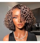 Brennas Hair Wear and Go Glueless Wigs Pre Cut Lace Chestnut Brown Curly Bob Wig Human Hair for W...