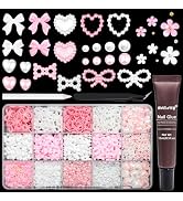 RODAKY Bow Nail Charms Pink&White 3D Bow Nail Charms Multi Shape Nail Decoration Flatback Pearl B...