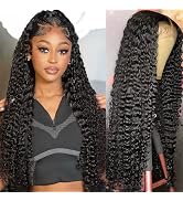 JADEFLO 13x4 Deep Wave 24 inch Lace Front Wigs Human Hair Pre Plucked with Baby Hair 180 Density ...