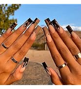 ANDGING Press on Nails Medium Length Coffin, Fake Nails for Women with Black Coffee Pink Flame St...