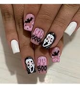 Halloween Press on Nails Medium Square Fake Nails with Glue Horror Ghost Face Glue on Nails Pink ...