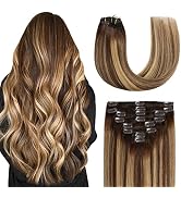 Sunya Clip in Hair Extensions Human Hair Balayage 18 Inch Chocolate Brown to Honey Blonde Remy Hu...