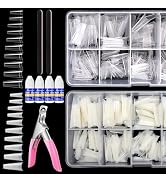 Yokilly 1000PCS Coffin Nail Tips and Glue, Clear Natural False Acrylic Nail Tips, Half Cover 10 S...
