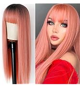 EVLYNN hair light pink long straight wig with bangs wigs for black white women synthetic heat res...