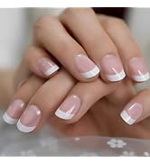 ArtiClaws French Tip Press on Nails, Square Round Glossy Nude Fake Nails, Press on Nails Short, R...