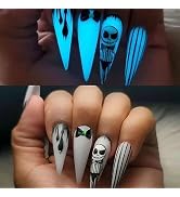 Halloween Press on Nails Long Stiletto Fake Nails Full Cover Glow in The Dark Nightmare Before Ch...