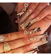24Pcs Long Press on Nails Square Nails Press Ons 3D Alloy Bow Heart Rhinestones Design Squoval Ac...