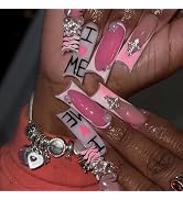 BABALAL Extra Long Press on Nails Square Fake Nails White French Tip Glue on Pink Ombre Acrylic N...