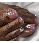 Press on Toenails Short Square Purple French Tips Fake Toenails Summer Beach Butterfly False Toen...