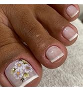 Flower Press on Toenails White Short Square Fake Nails French Nude Pink Floral Designs False Nail...